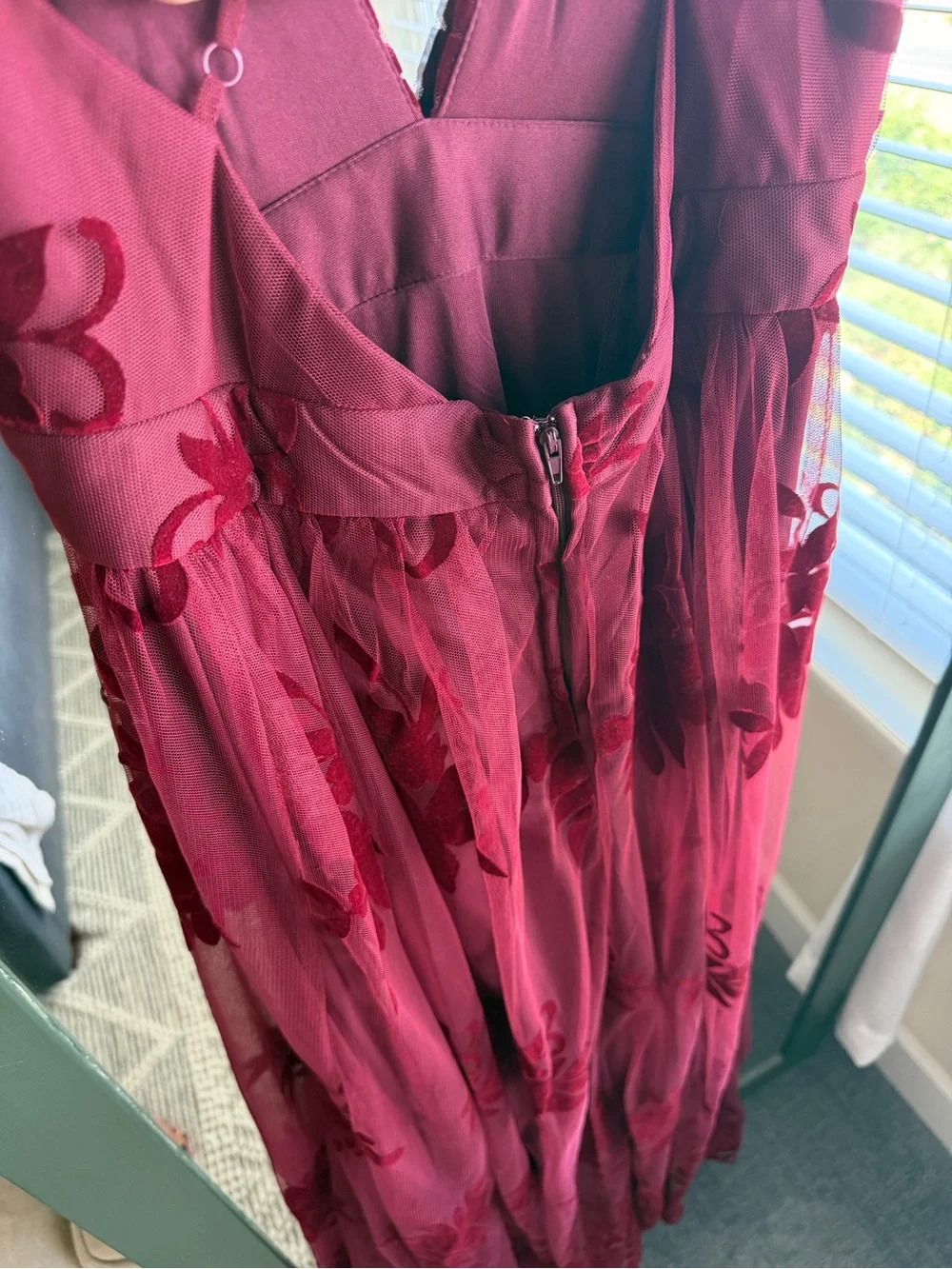 Windsor Burgundy Flocked Velvet Floral Tulle Maxi Gown Dress